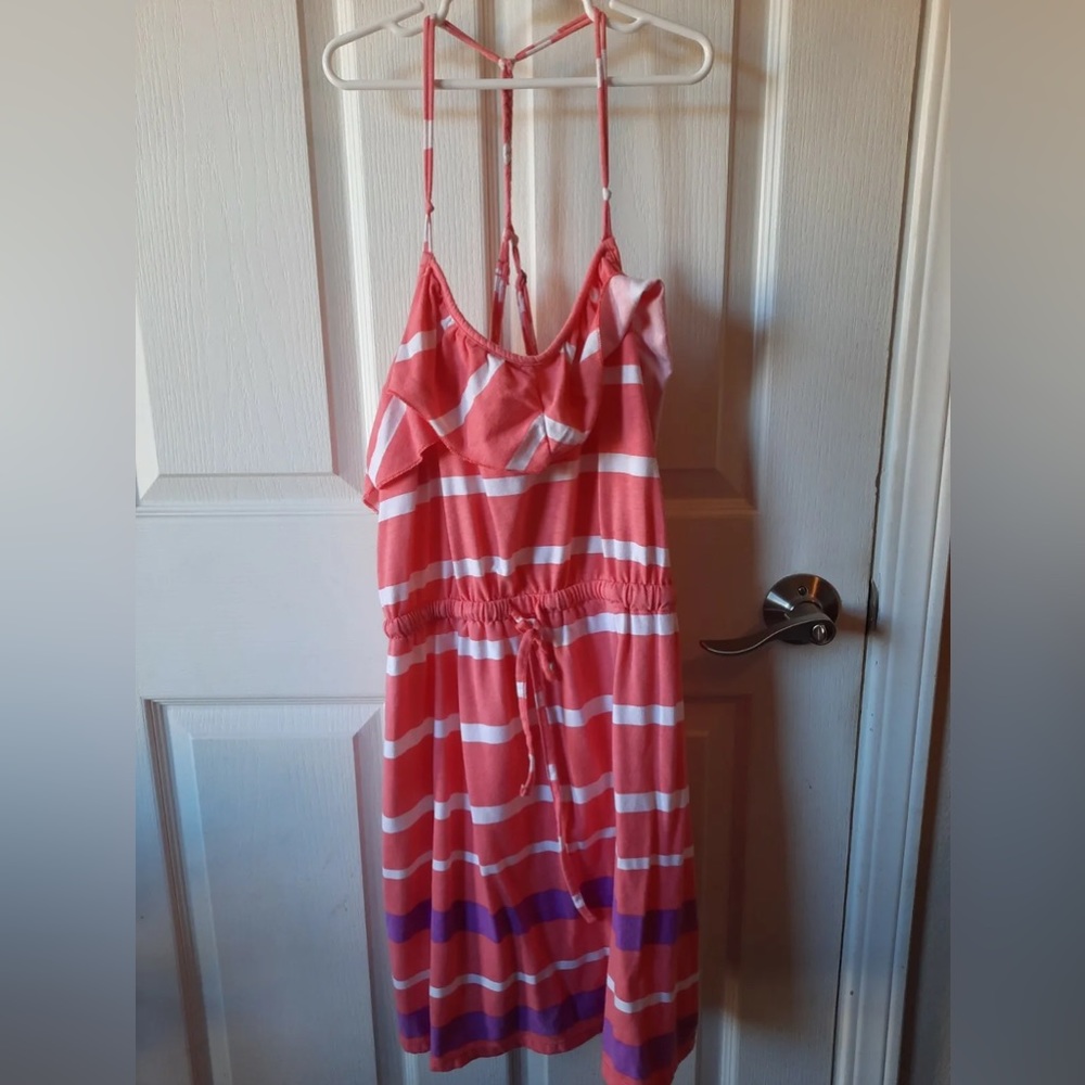 Aeropostale Spaghetti Strap Pink Dress with White and Purple Stripes Size Large